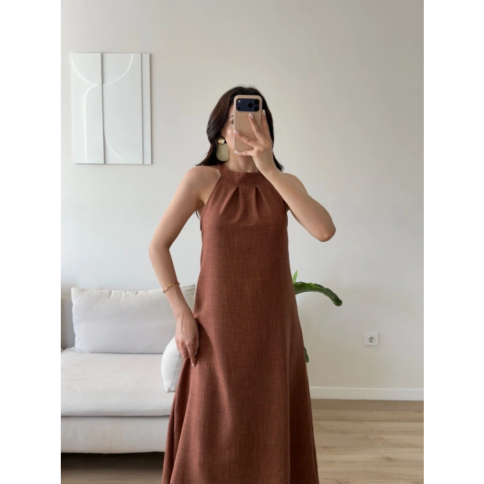 Halter Yaka Keten Elbise - KAHVE