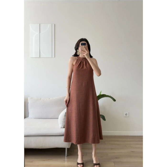 Halter Yaka Keten Elbise - KAHVE