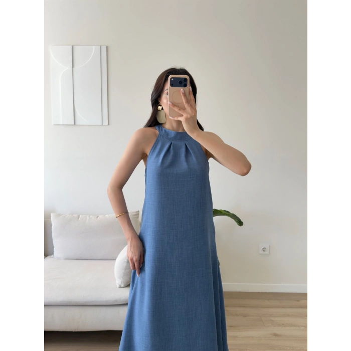 Halter Yaka Keten Elbise - MAVİ