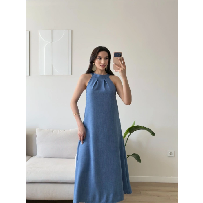 Halter Yaka Keten Elbise - MAVİ