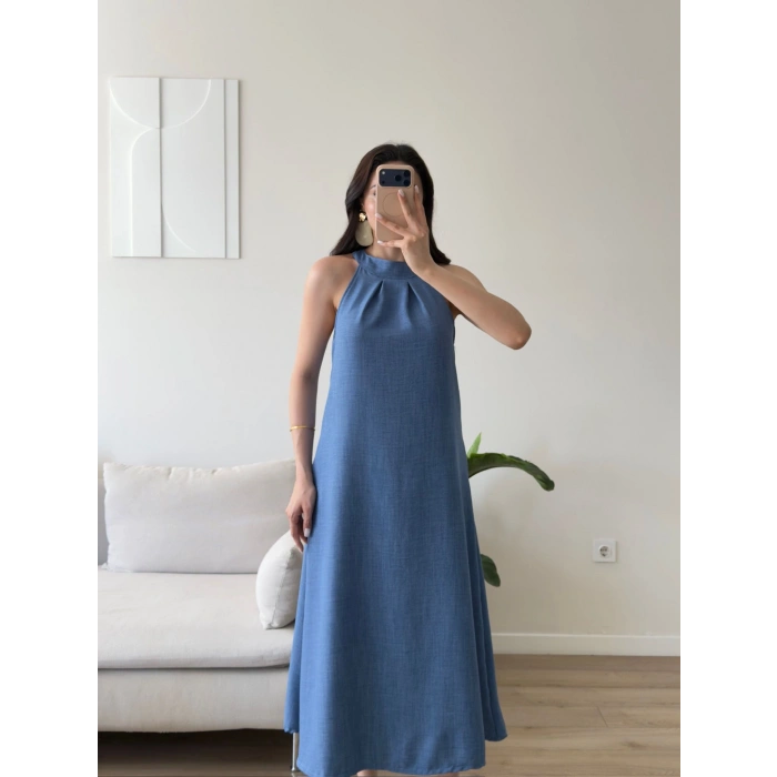 Halter Yaka Keten Elbise - MAVİ