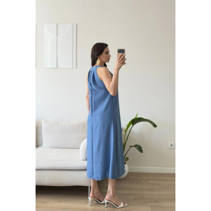 Halter Yaka Keten Elbise - MAVİ