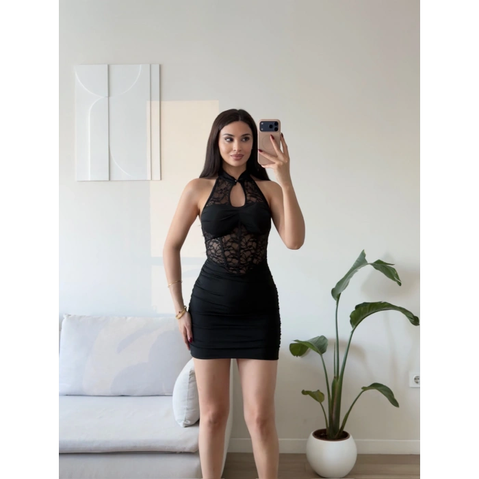 Halter Yaka Korse Dantel Elbise - SİYAH