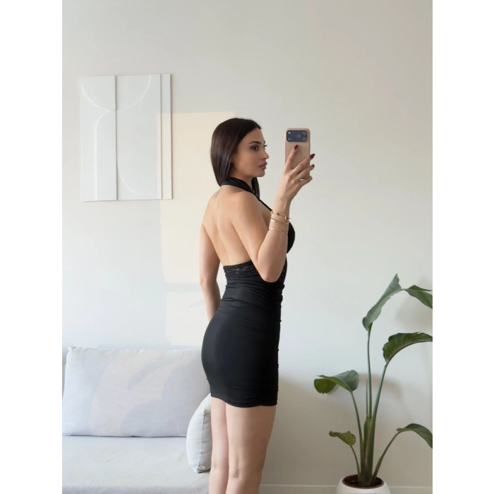 Halter Yaka Korse Dantel Elbise - SİYAH