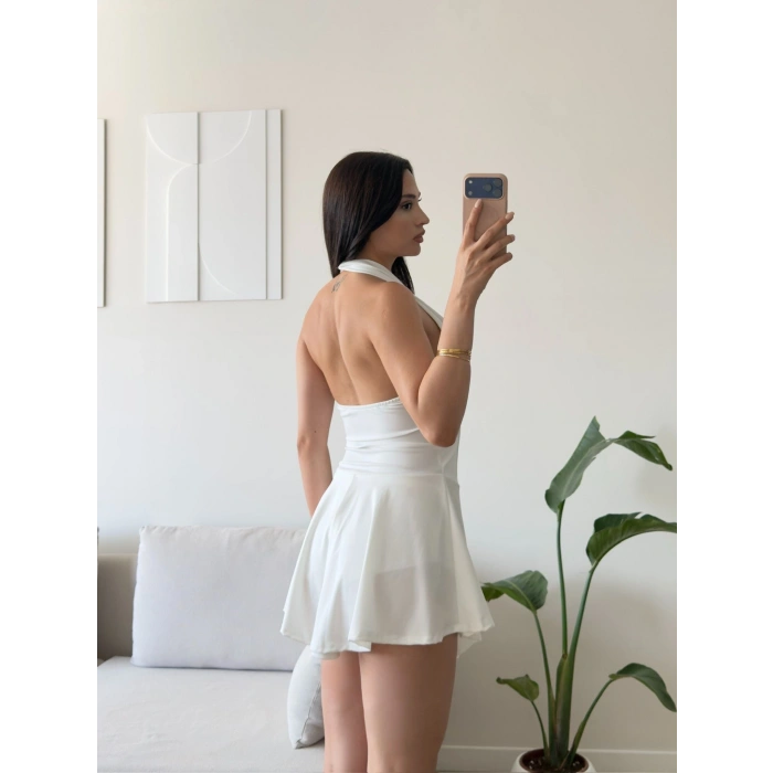 Halter Yaka Kuşgözü Bağcıklı Elbise - BEYAZ
