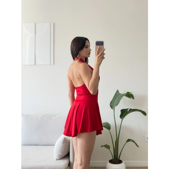 Halter Yaka Kuşgözü Bağcıklı Elbise - KIRMIZI