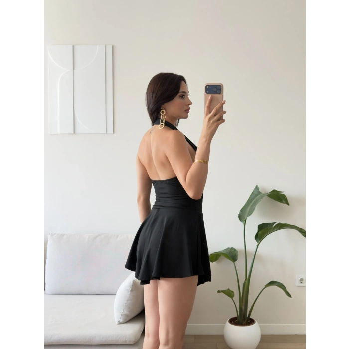 Halter Yaka Kuşgözü Bağcıklı Elbise - SİYAH