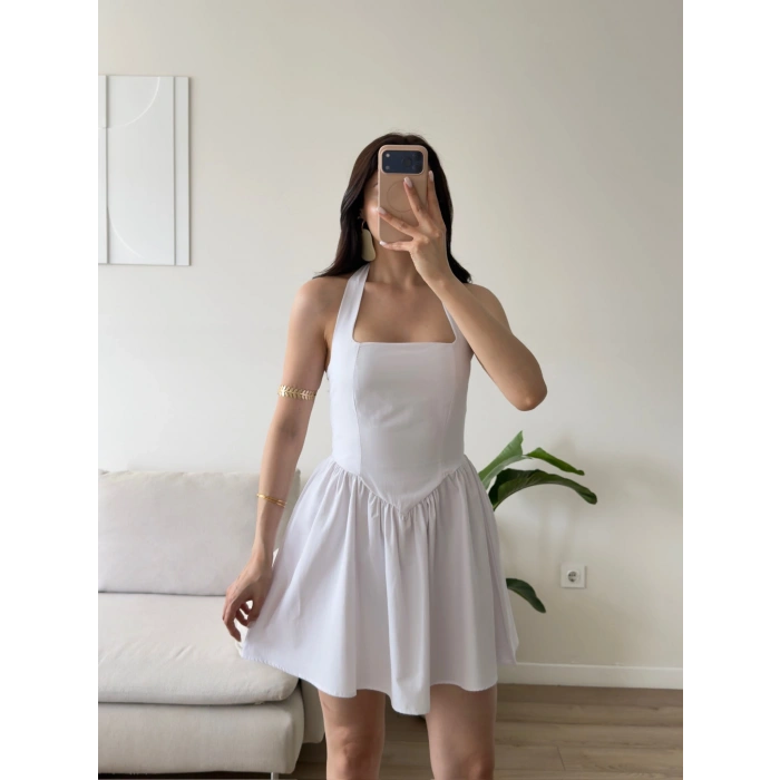 Halter Yaka Mini Elbise - BEYAZ