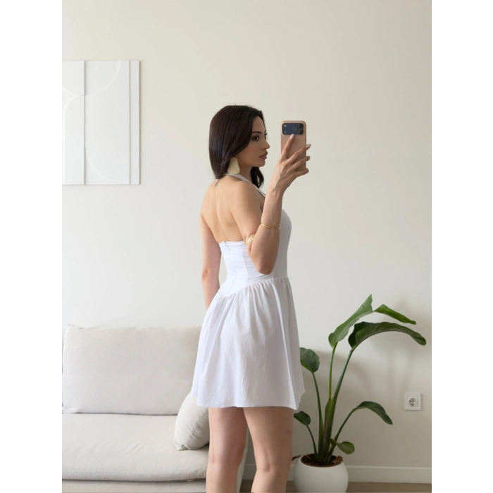 Halter Yaka Mini Elbise - BEYAZ