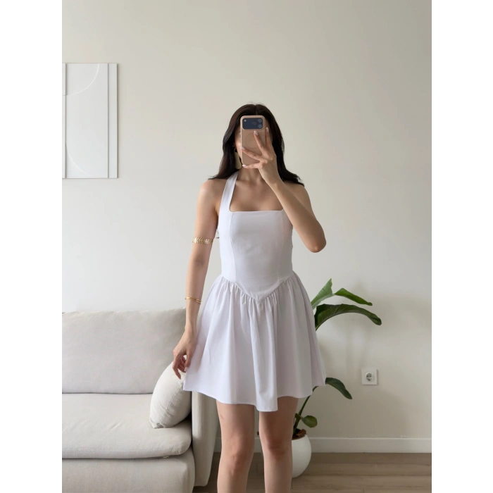 Halter Yaka Mini Elbise - BEYAZ