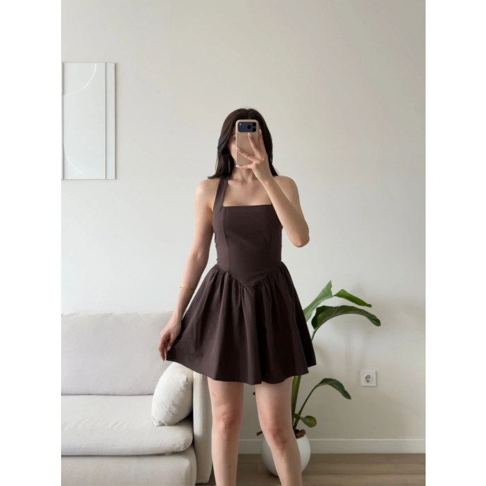 Halter Yaka Mini Elbise - KAHVE
