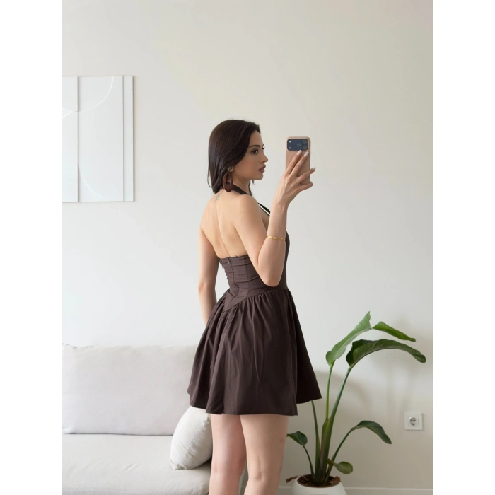 Halter Yaka Mini Elbise - KAHVE