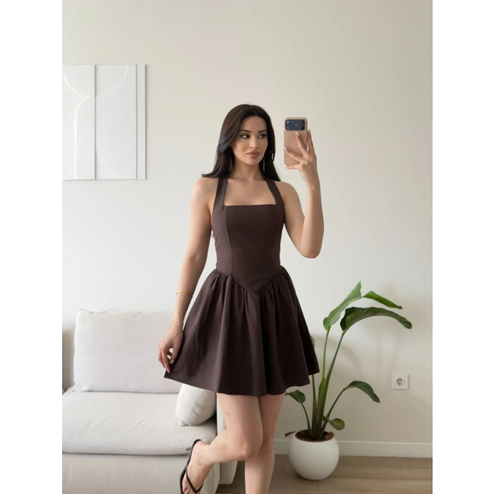 Halter Yaka Mini Elbise - KAHVE