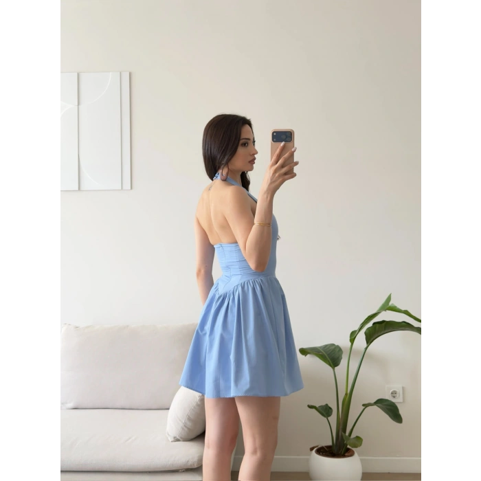 Halter Yaka Mini Elbise - MAVİ