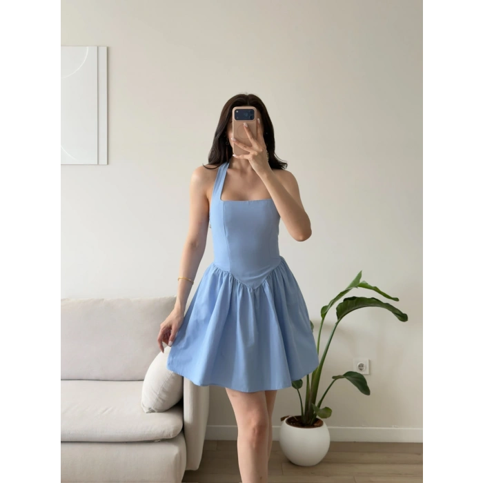 Halter Yaka Mini Elbise - MAVİ