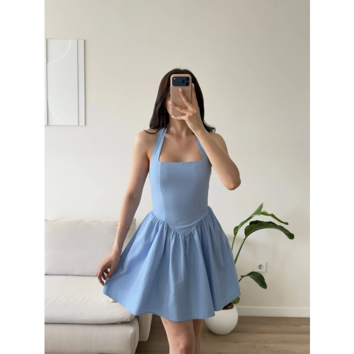 Halter Yaka Mini Elbise - MAVİ