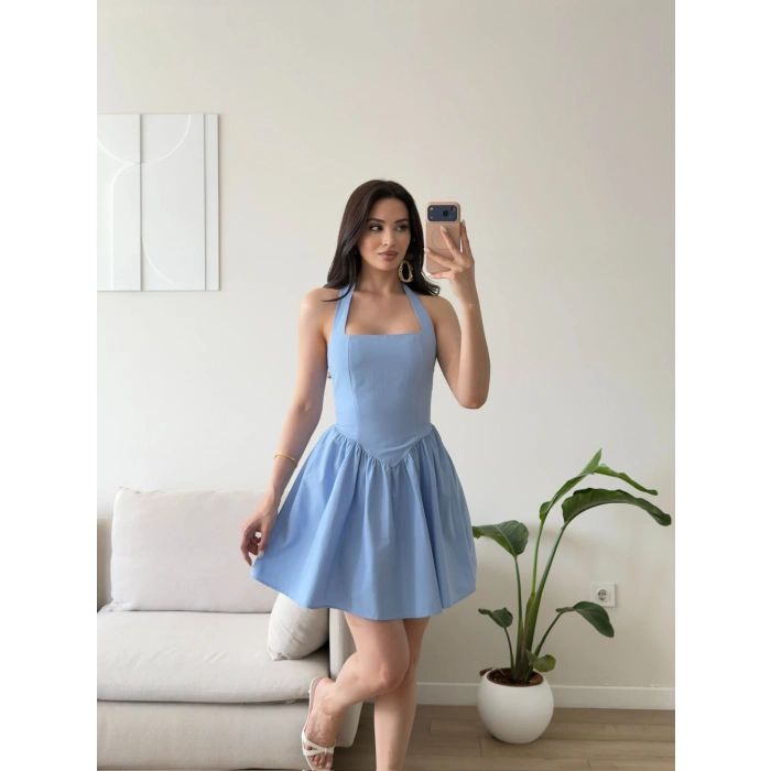 Halter Yaka Mini Elbise - MAVİ