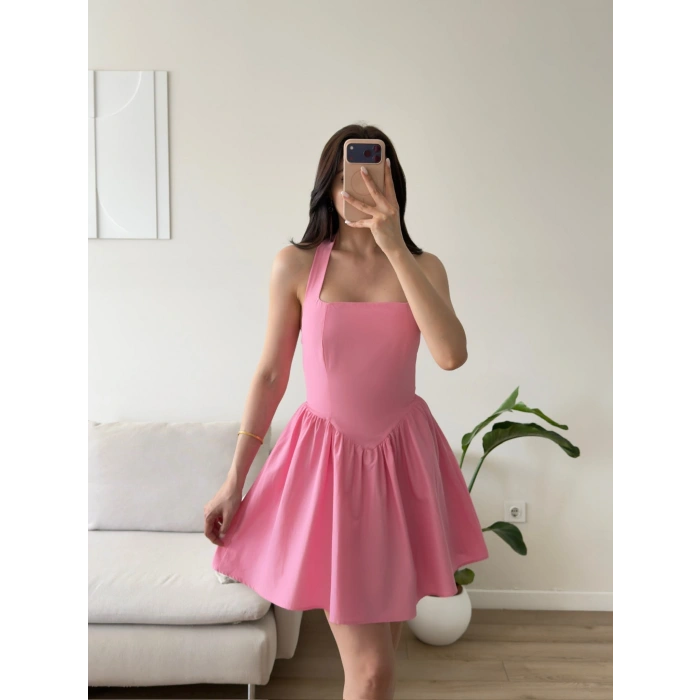 Halter Yaka Mini Elbise - PEMBE