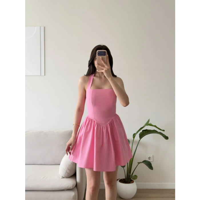 Halter Yaka Mini Elbise - PEMBE