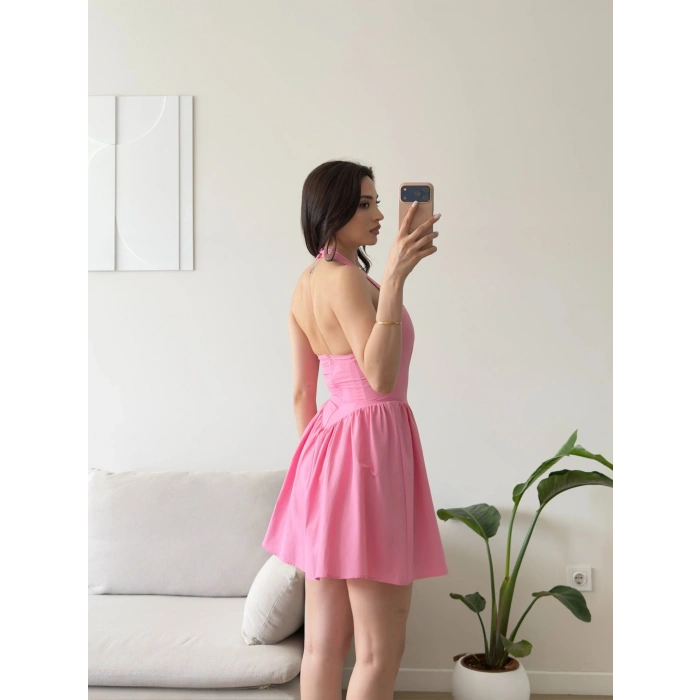 Halter Yaka Mini Elbise - PEMBE