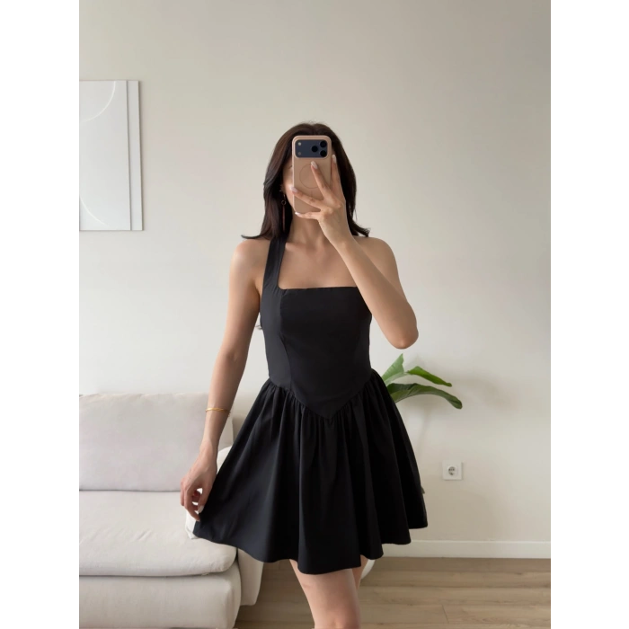 Halter Yaka Mini Elbise - SİYAH