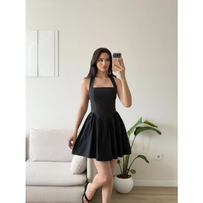 Halter Yaka Mini Elbise - SİYAH