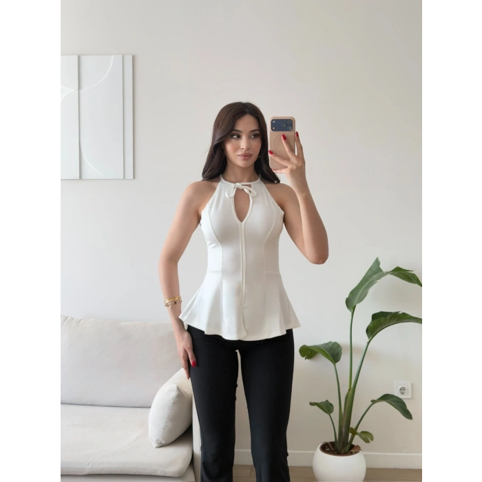 Halter Yaka Peplum Bluz - BEYAZ