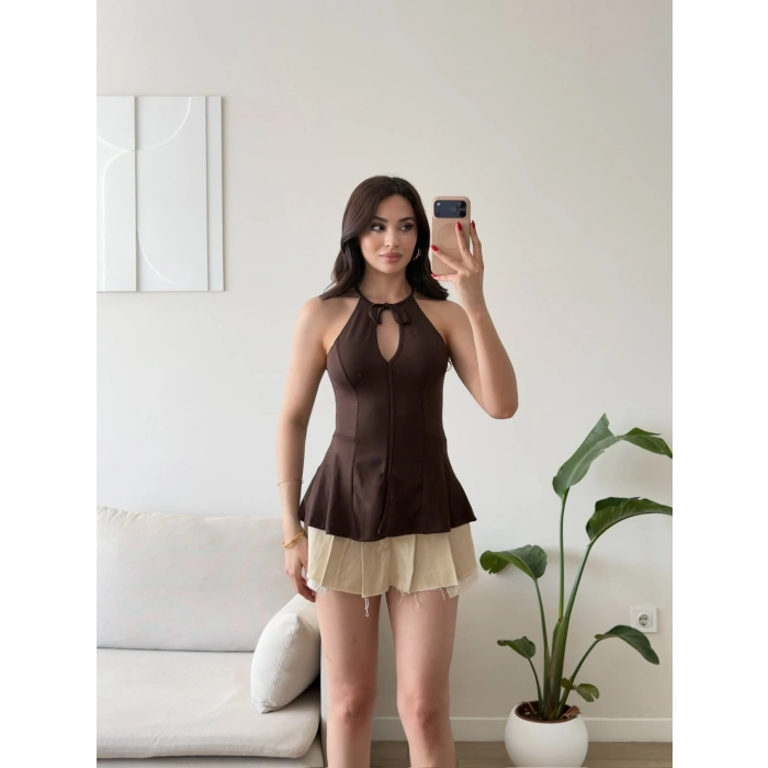 Halter Yaka Peplum Bluz - KAHVE