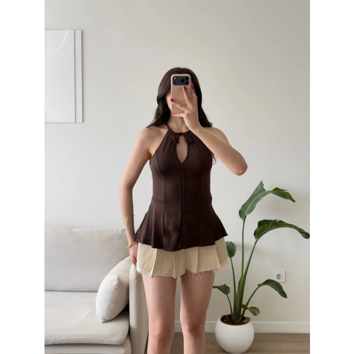 Halter Yaka Peplum Bluz - KAHVE