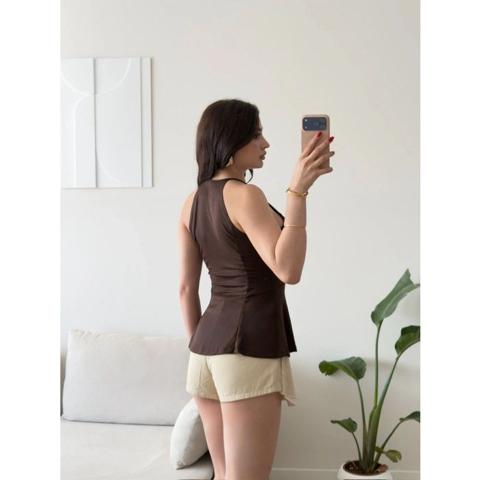 Halter Yaka Peplum Bluz - KAHVE
