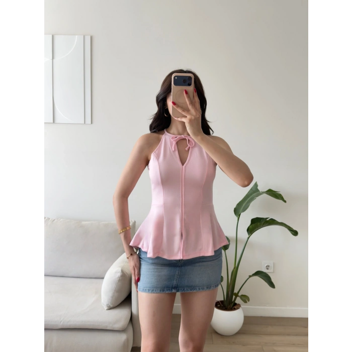 Halter Yaka Peplum Bluz - PEMBE