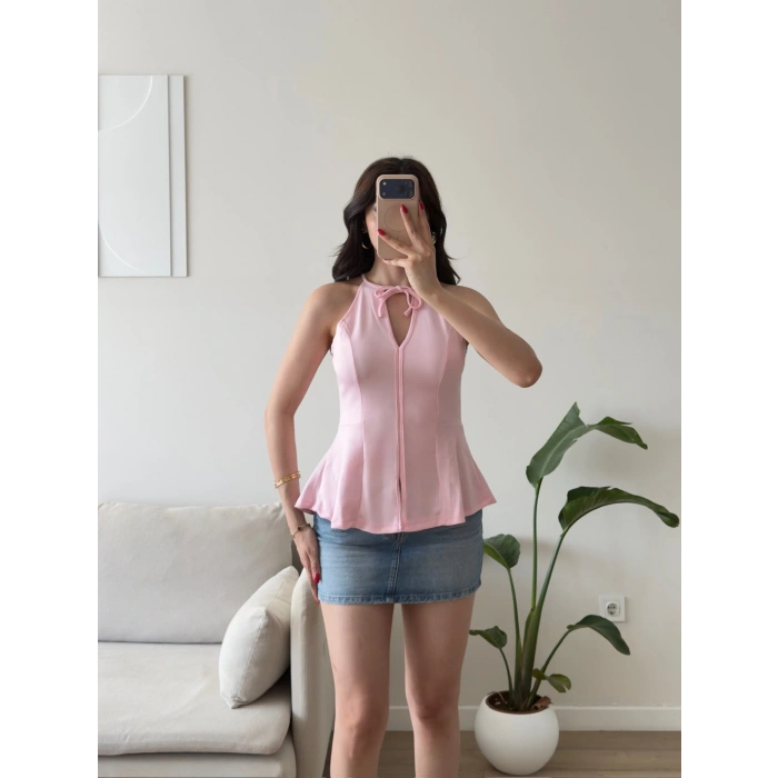 Halter Yaka Peplum Bluz - PEMBE