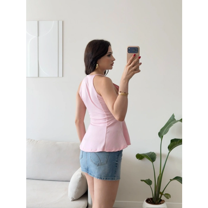 Halter Yaka Peplum Bluz - PEMBE