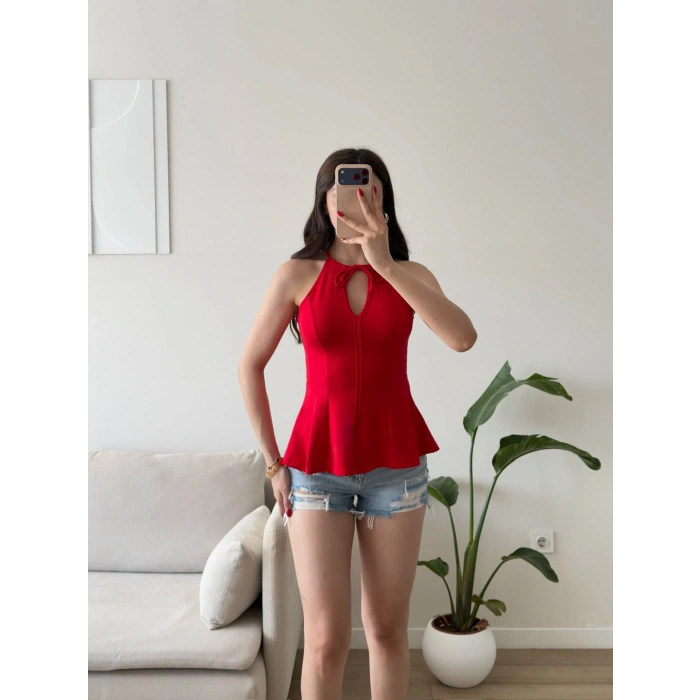 Halter Yaka Peplum Bluz - KIRMIZI