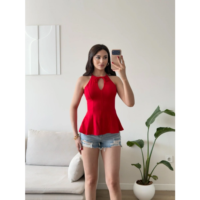 Halter Yaka Peplum Bluz - KIRMIZI