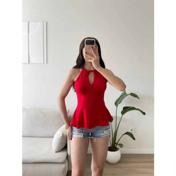 Halter Yaka Peplum Bluz - KIRMIZI