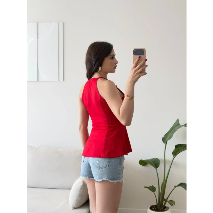 Halter Yaka Peplum Bluz - KIRMIZI
