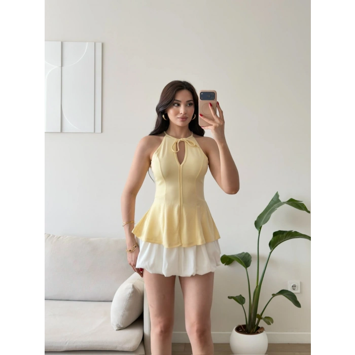 Halter Yaka Peplum Bluz - SARI