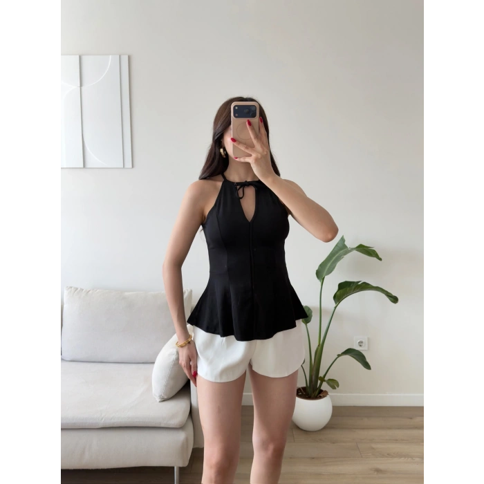 Halter Yaka Peplum Bluz - SİYAH