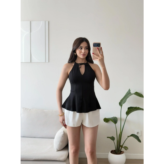 Halter Yaka Peplum Bluz - SİYAH
