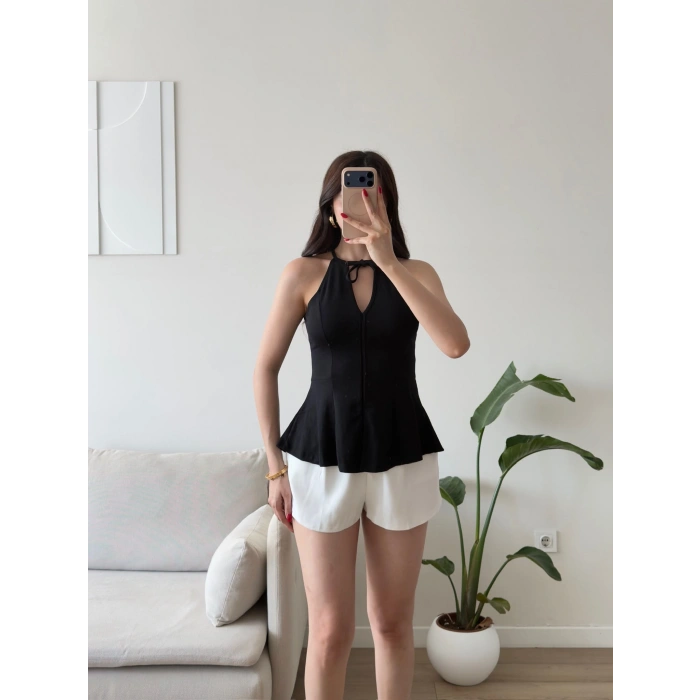Halter Yaka Peplum Bluz - SİYAH