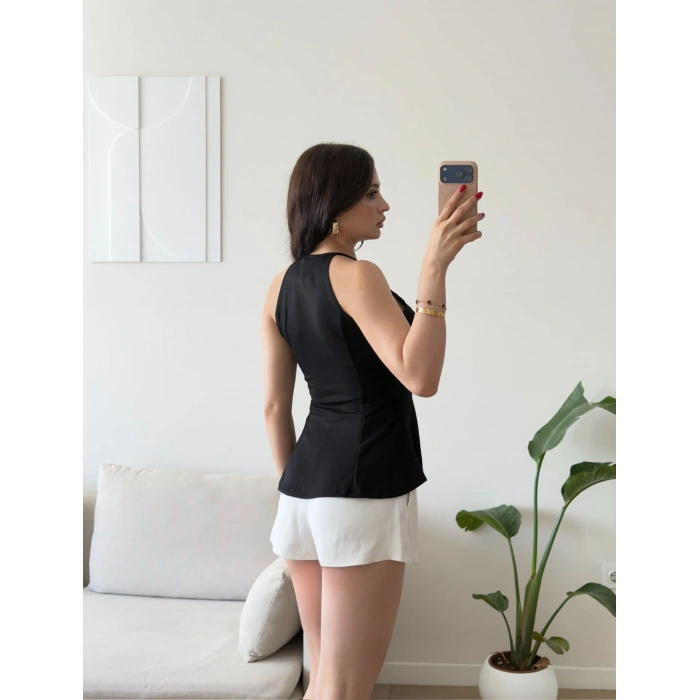 Halter Yaka Peplum Bluz - SİYAH