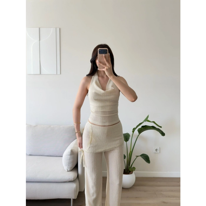 Halter Yaka Şal Detay Takım - BEJ