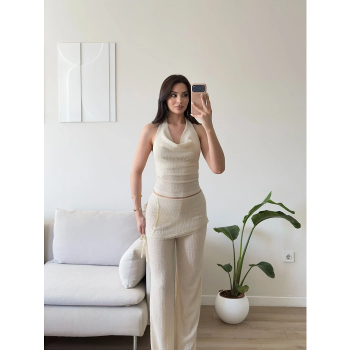 Halter Yaka Şal Detay Takım - BEJ