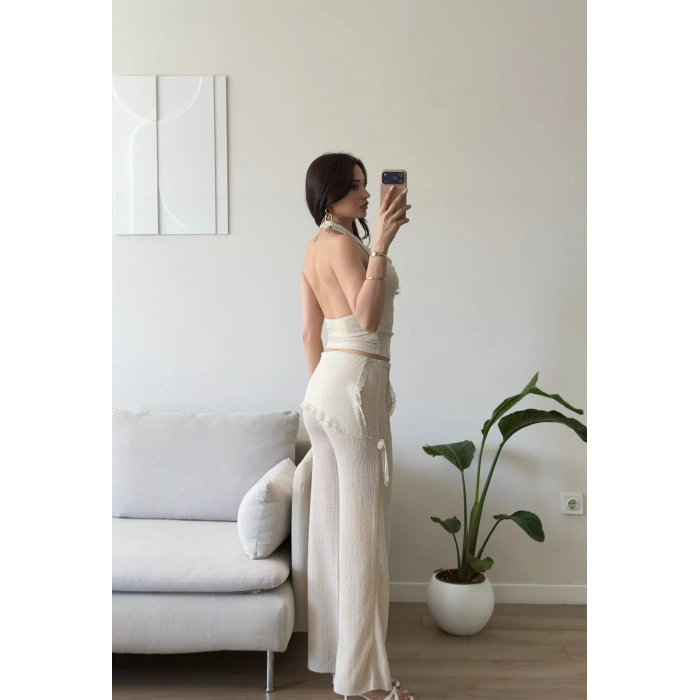 Halter Yaka Şal Detay Takım - BEJ
