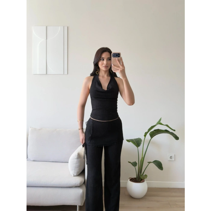 Halter Yaka Şal Detay Takım - SİYAH