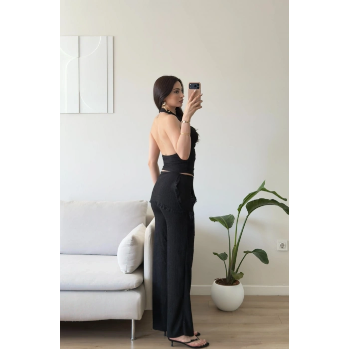 Halter Yaka Şal Detay Takım - SİYAH
