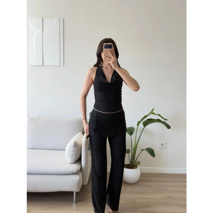 Halter Yaka Şal Detay Takım - SİYAH