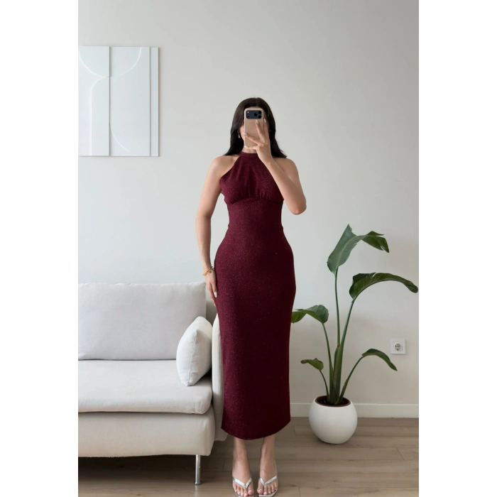 Halter Yaka Simli Long Elbise - BORDO