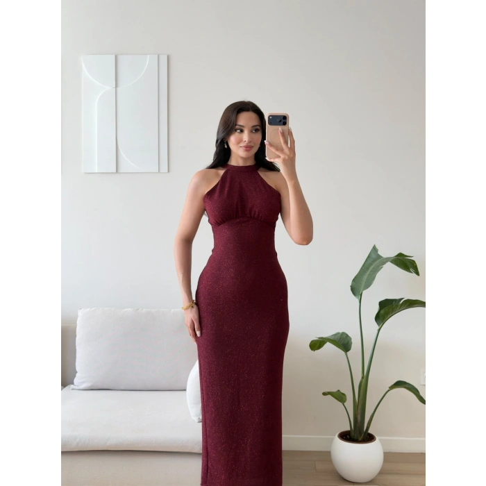 Halter Yaka Simli Long Elbise - BORDO